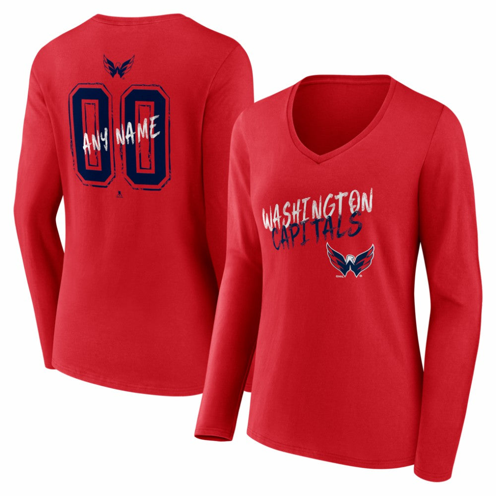 NHL Red Washington Capitals Women's Hustle Personalized Name & Number Long Sleeve V-Neck T-Shirt