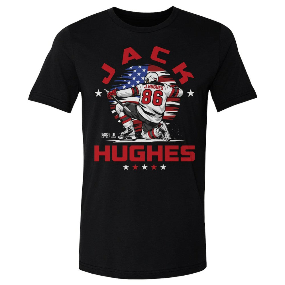 NHL Black Jack Hughes US Men's Hockey 500 Level Flag T-Shirt