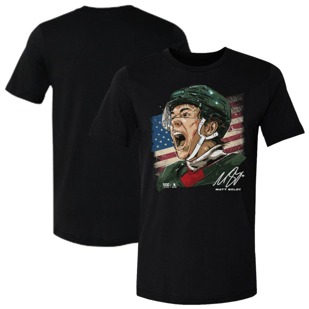 NHL Black Matthew Boldy US Men's Hockey 500 Level Flag T-Shirt
