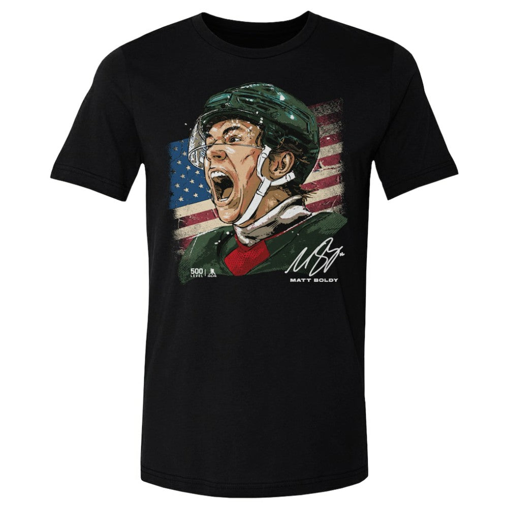 NHL Black Matthew Boldy US Men's Hockey 500 Level Flag T-Shirt