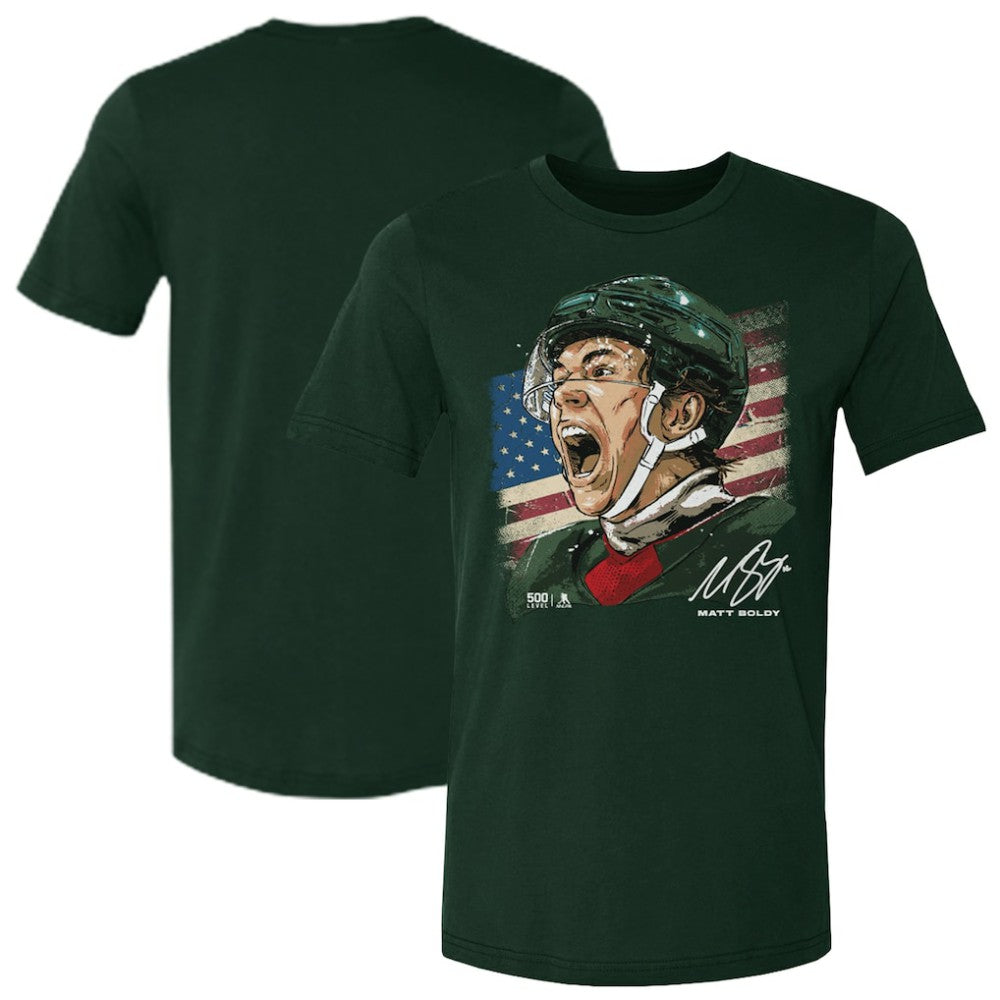 NHL Green Matthew Boldy US Men's Hockey 500 Level Flag T-Shirt