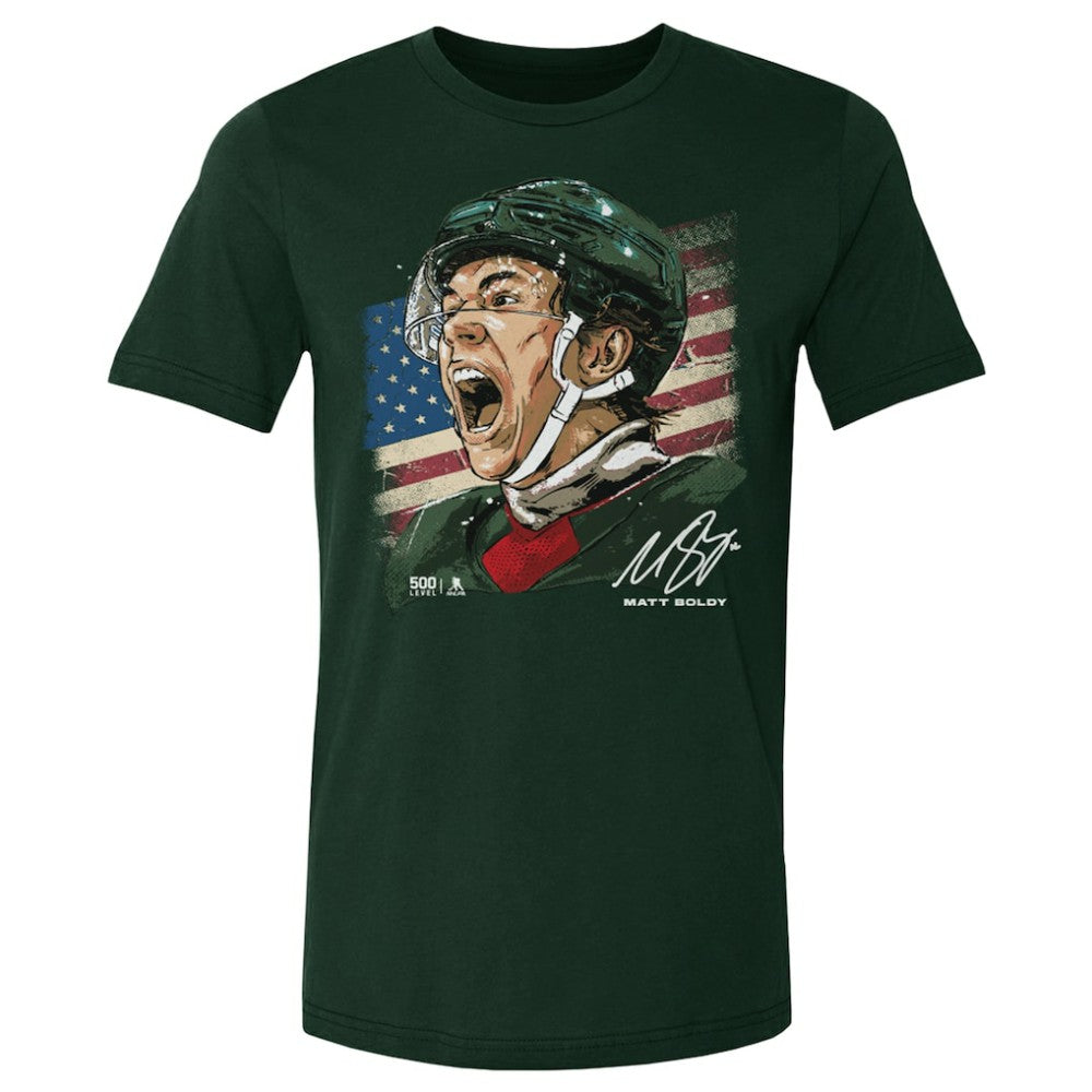 NHL Green Matthew Boldy US Men's Hockey 500 Level Flag T-Shirt
