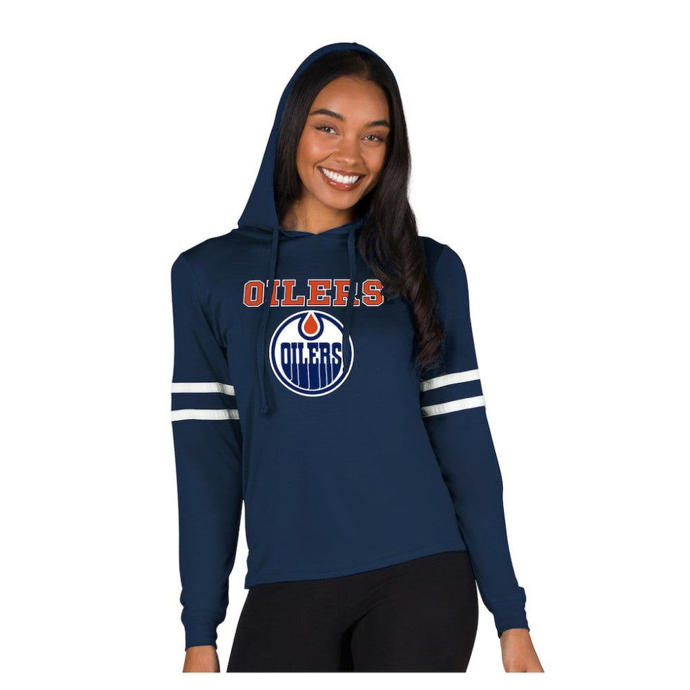NHL Navy Edmonton Oilers Concepts Sport Women's Marathon Long-Sleeve Hooded T-Shirt
