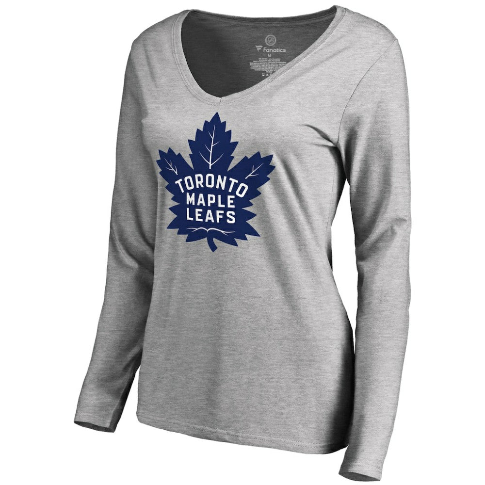 NHL Heathered Gray Toronto Maple Leafs Women's New Primary Logo V-Neck Long Sleeve T-Shirt