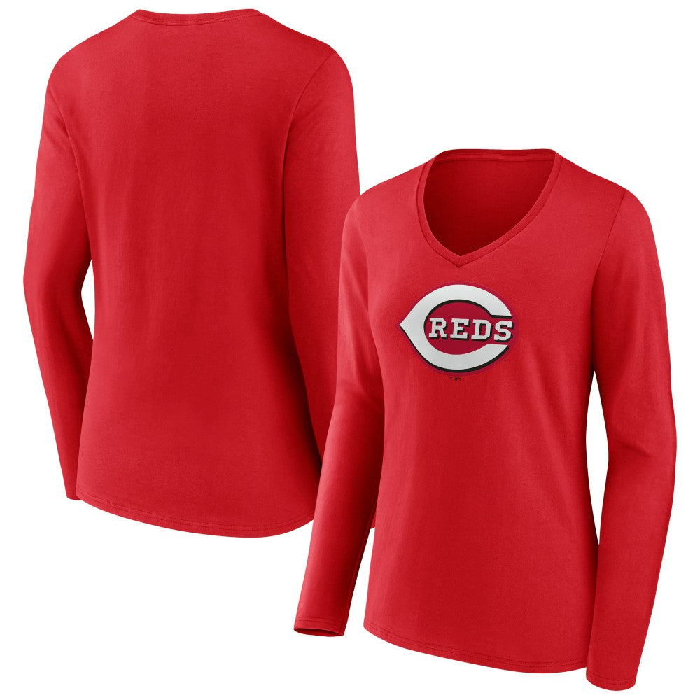 MLB Cincinnati Reds Women's Team Color Primary Logo V-Neck Long Sleeve T-Shirt