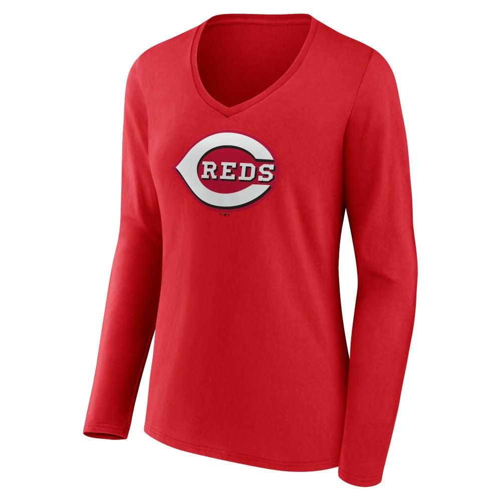 MLB Cincinnati Reds Women's Team Color Primary Logo V-Neck Long Sleeve T-Shirt