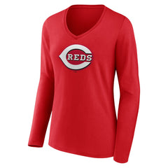 MLB Cincinnati Reds Women's Team Color Primary Logo V-Neck Long Sleeve T-Shirt