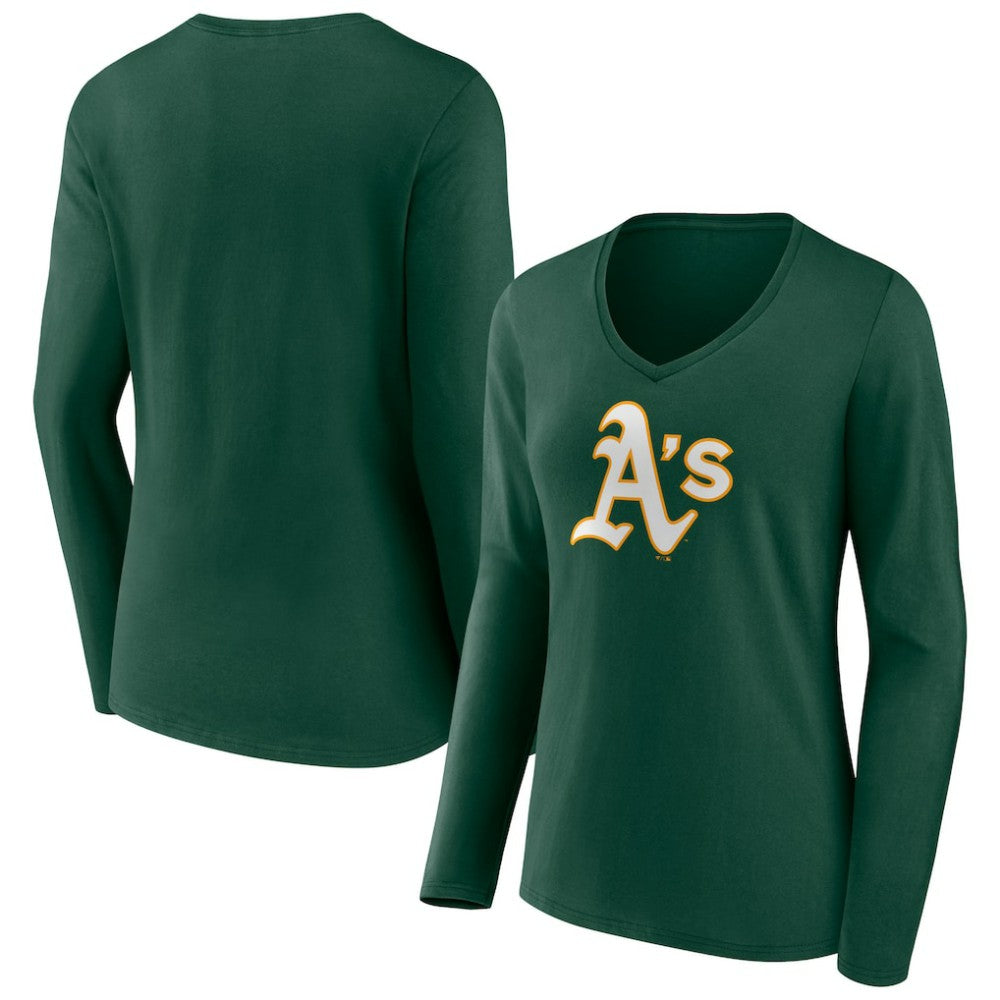 MLB Athletics Women's Team Color Primary Logo V-Neck Long Sleeve T-Shirt