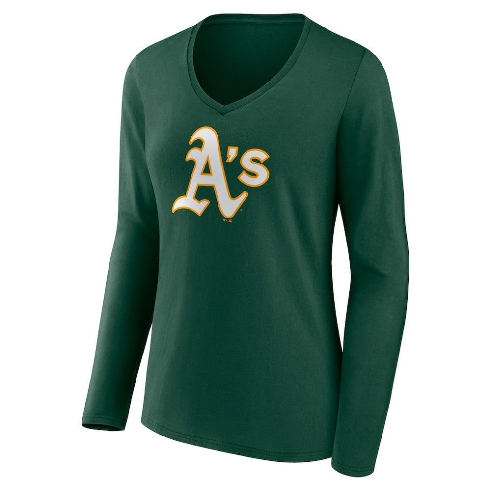MLB Athletics Women's Team Color Primary Logo V-Neck Long Sleeve T-Shirt