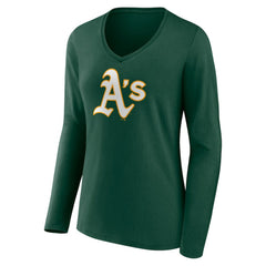 MLB Athletics Women's Team Color Primary Logo V-Neck Long Sleeve T-Shirt