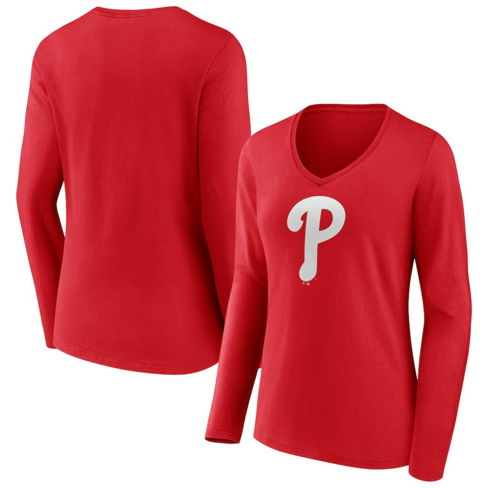 MLB Philadelphia Phillies Women's Team Color Primary Logo V-Neck Long Sleeve T-Shirt