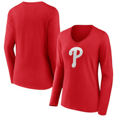 MLB Philadelphia Phillies Women's Team Color Primary Logo V-Neck Long Sleeve T-Shirt