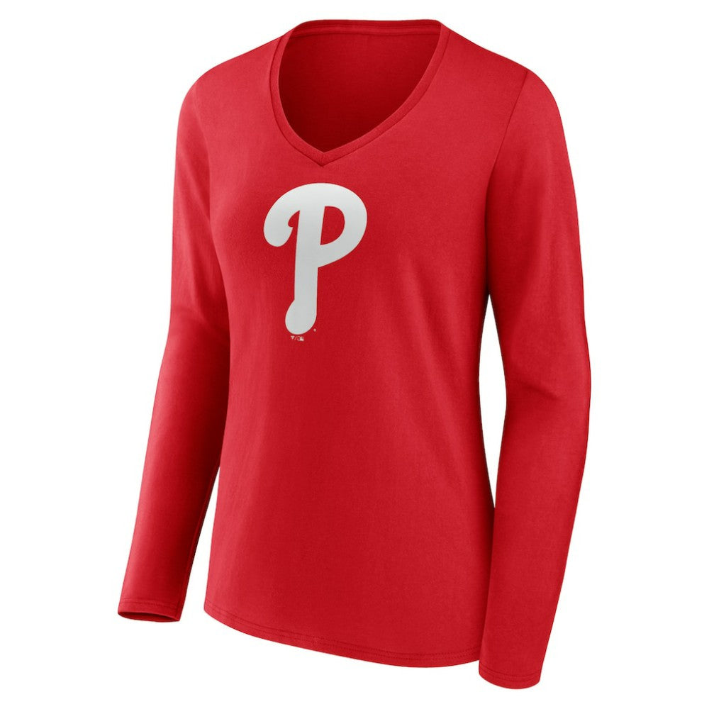 MLB Philadelphia Phillies Women's Team Color Primary Logo V-Neck Long Sleeve T-Shirt