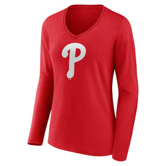 MLB Philadelphia Phillies Women's Team Color Primary Logo V-Neck Long Sleeve T-Shirt
