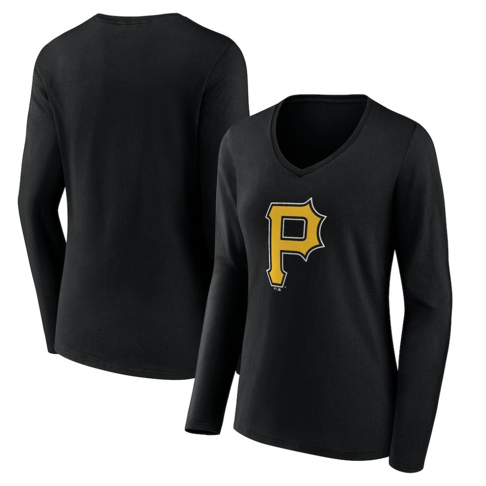 MLB Pittsburgh Pirates Women's Team Color Primary Logo V-Neck Long Sleeve T-Shirt