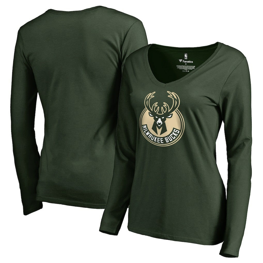 NBA Milwaukee Bucks Women's Primary Logo V-Neck Long Sleeve T-Shirt