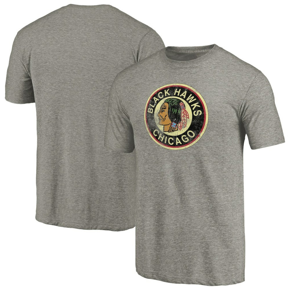 NHL Ash Chicago Blackhawks Throwback Logo 1937-1938 Tri-Blend T-Shirt