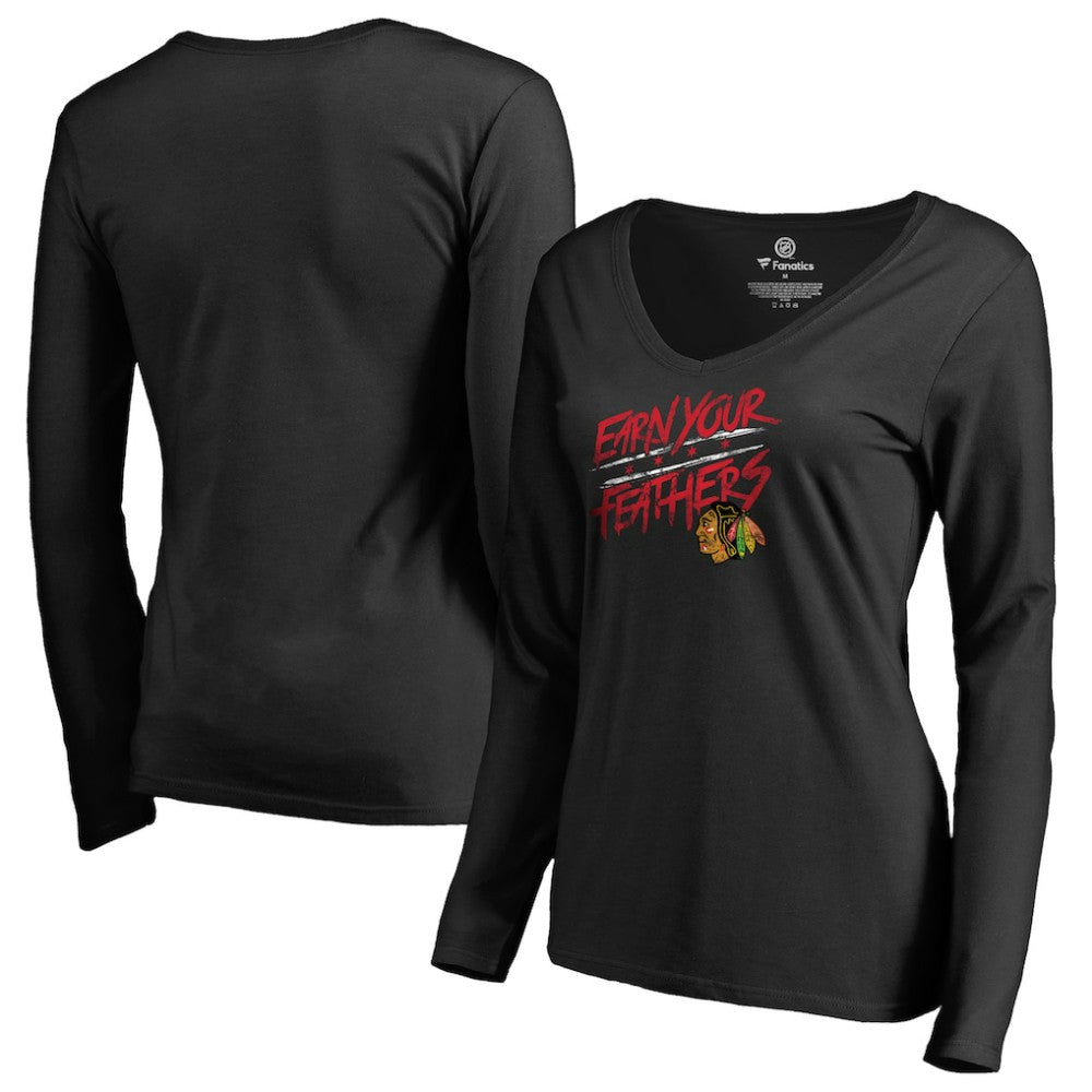 NHL Black Chicago Blackhawks Women's Hometown Collection Earn Your Feathers Long Sleeve T-Shirt