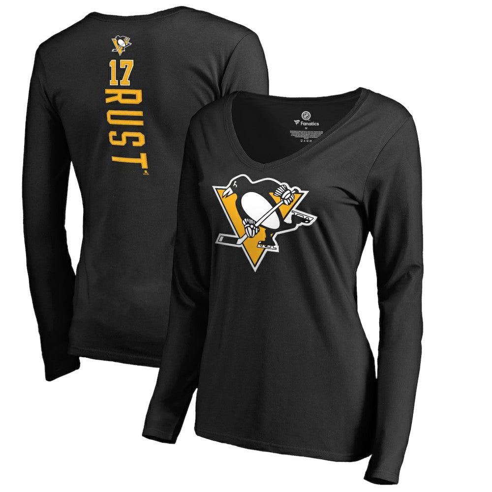 NHL Black Bryan Rust Pittsburgh Penguins Women's Backer Name & Number Long Sleeve V-Neck T-Shirt