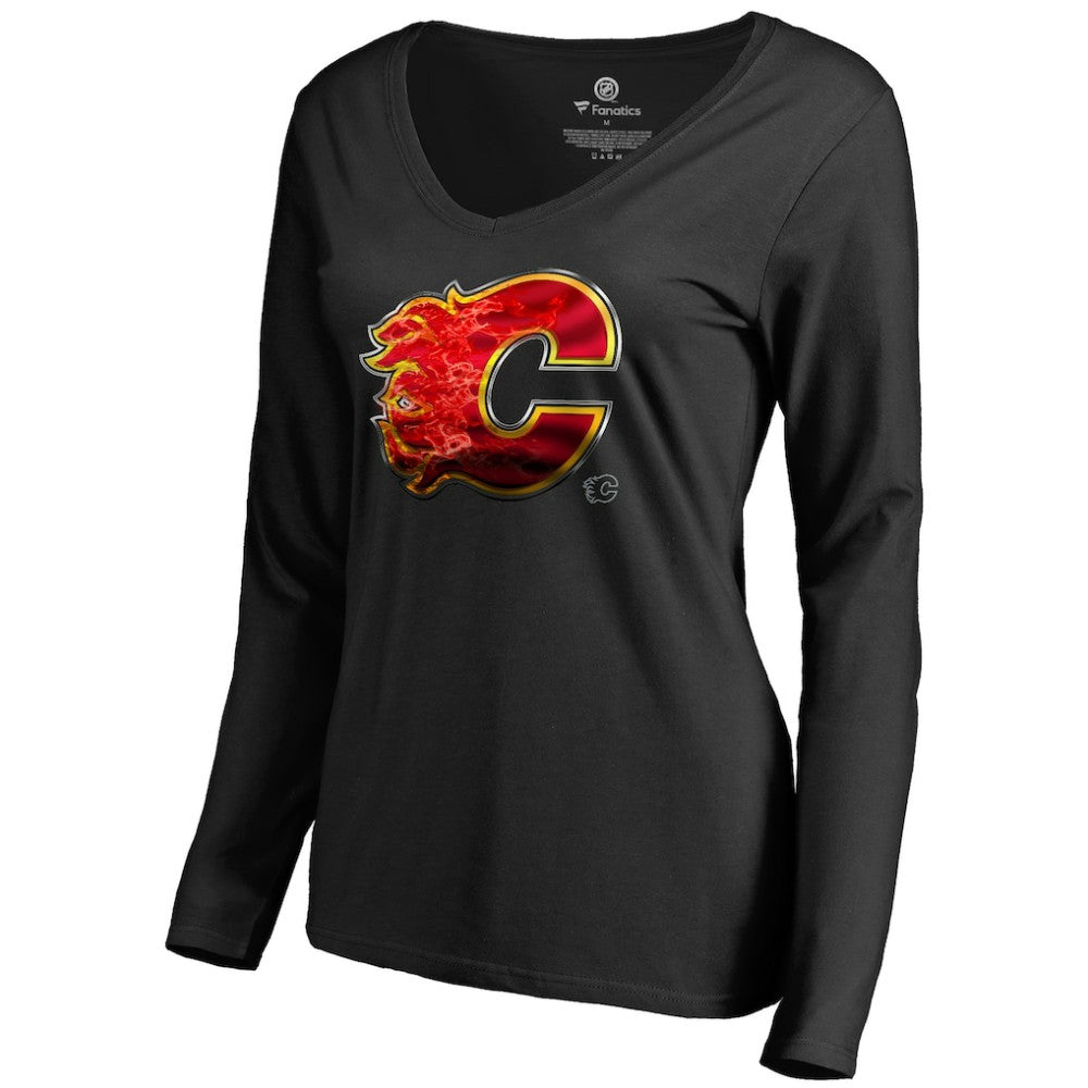 NHL Black Calgary Flames Women's Midnight Mascot Long Sleeve V-Neck T-Shirt