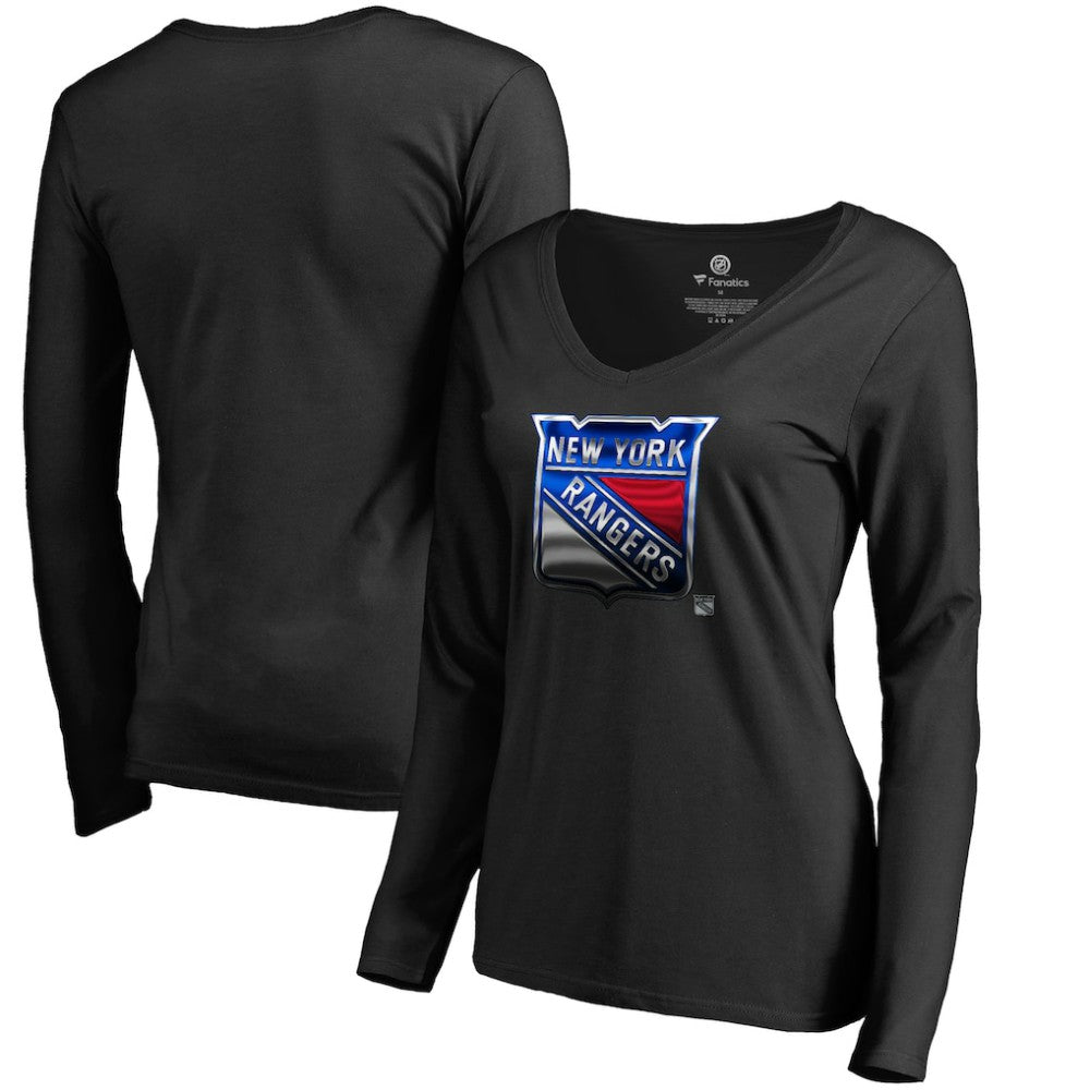 NHL Black New York Rangers Women's Midnight Mascot Long Sleeve V-Neck T-Shirt