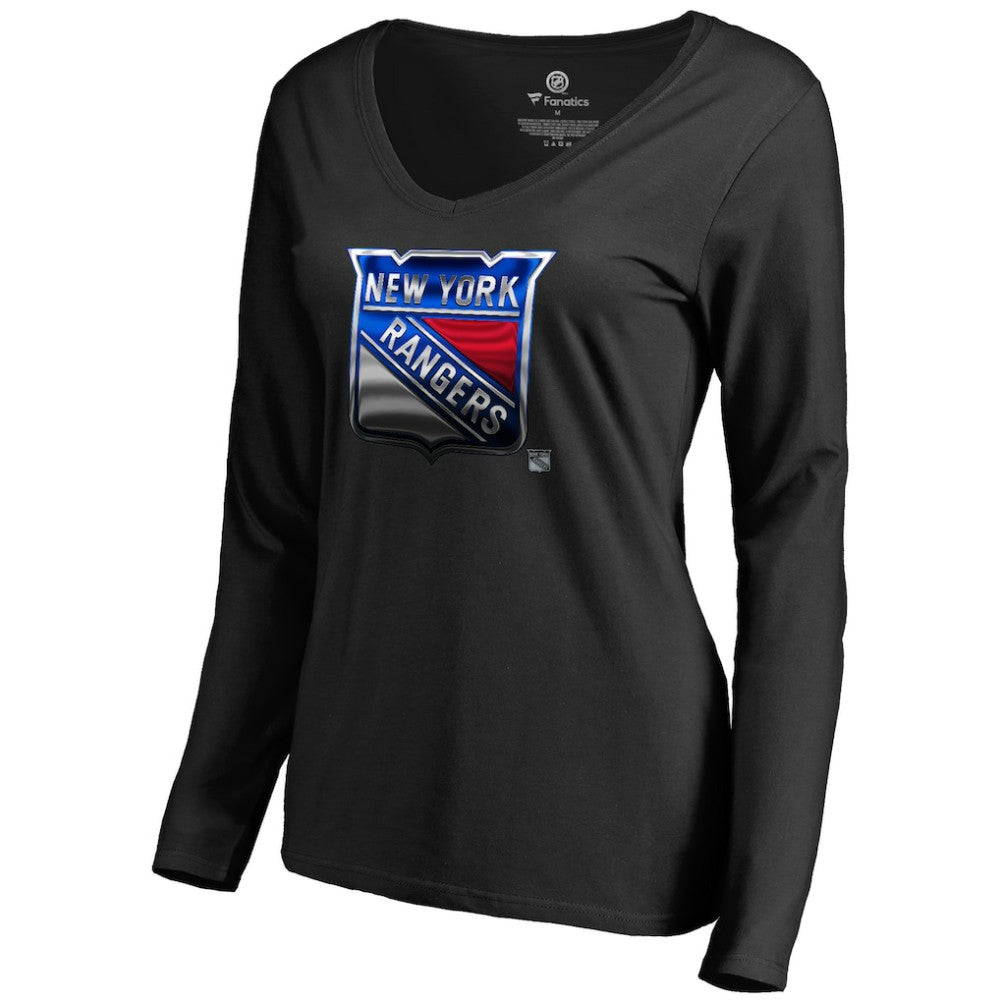 NHL Black New York Rangers Women's Midnight Mascot Long Sleeve V-Neck T-Shirt