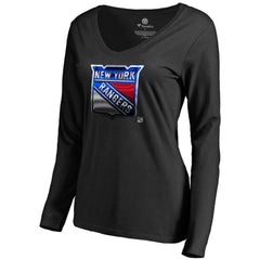 NHL Black New York Rangers Women's Midnight Mascot Long Sleeve V-Neck T-Shirt