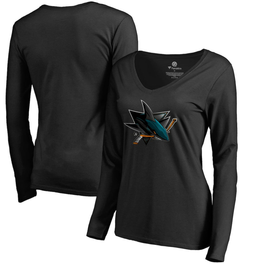 NHL Black San Jose Sharks Women's Midnight Mascot Long Sleeve V-Neck T-Shirt