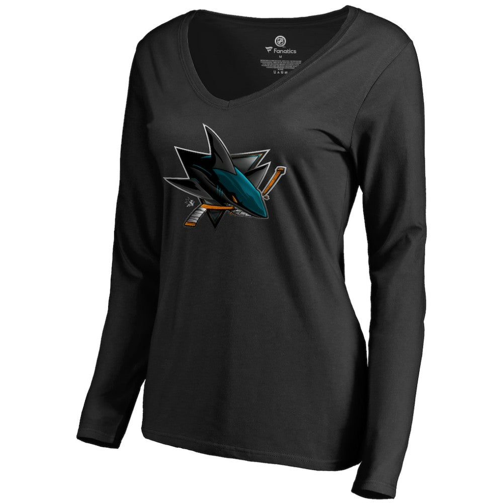 NHL Black San Jose Sharks Women's Midnight Mascot Long Sleeve V-Neck T-Shirt
