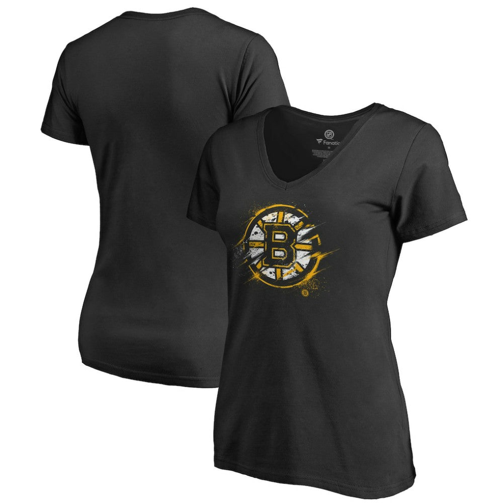 NHL Black Boston Bruins Women's Splatter Logo V-Neck T-Shirt