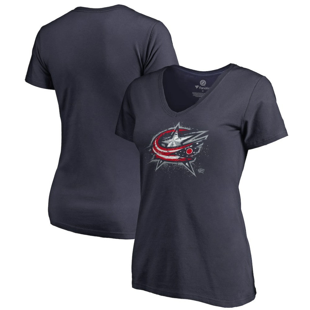 NHL Navy Columbus Blue Jackets Women's Splatter Logo V-Neck T-Shirt