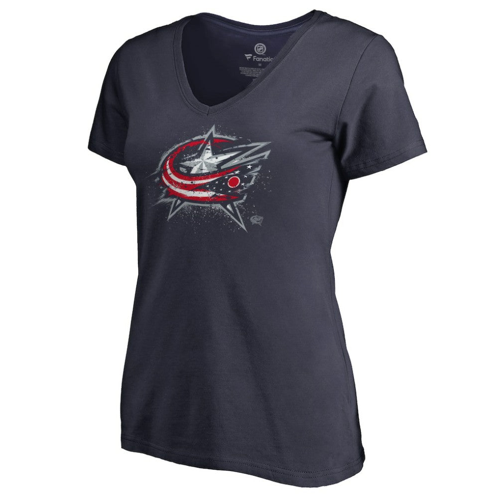 NHL Navy Columbus Blue Jackets Women's Splatter Logo V-Neck T-Shirt