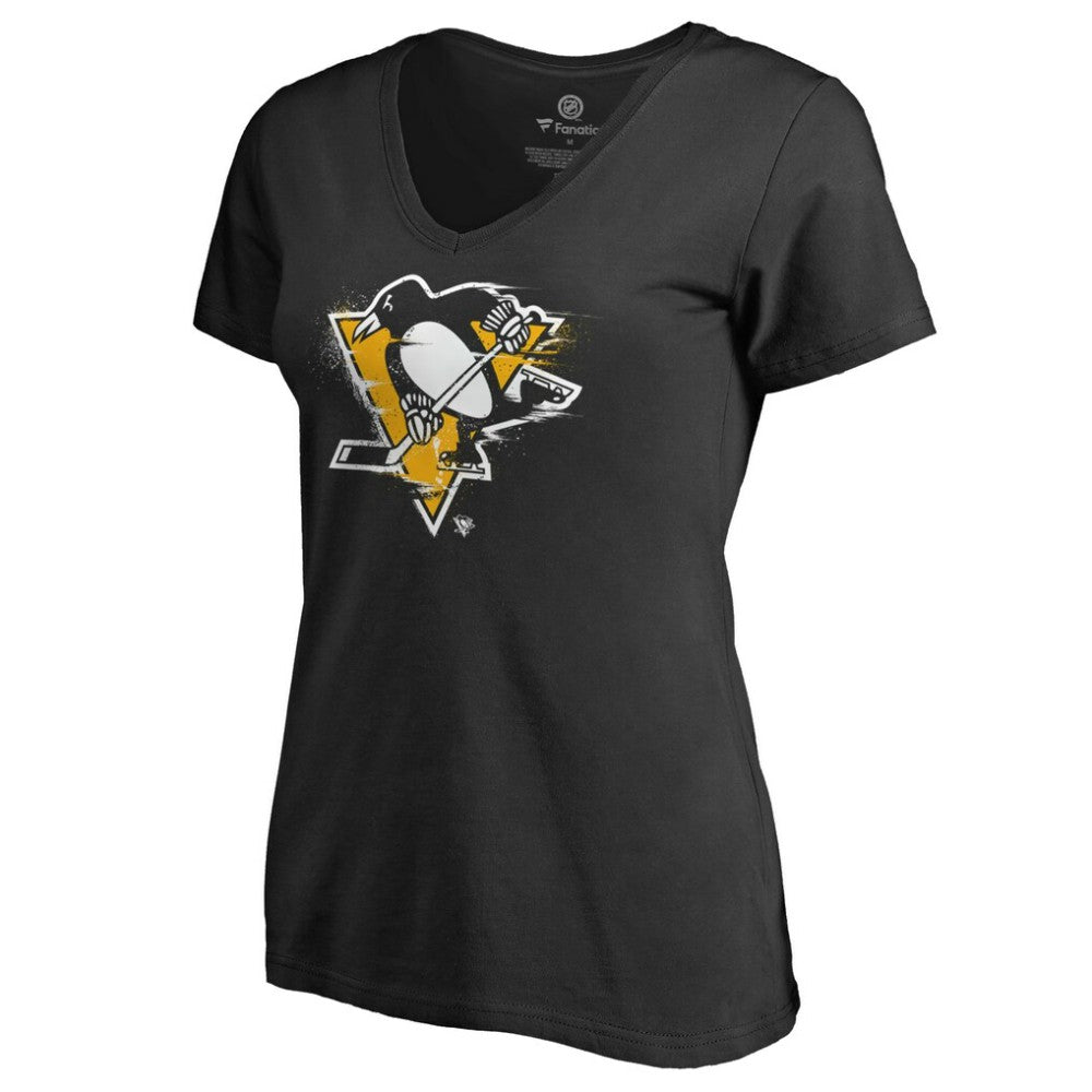 NHL Black Pittsburgh Penguins Women's Splatter Logo V-Neck T-Shirt