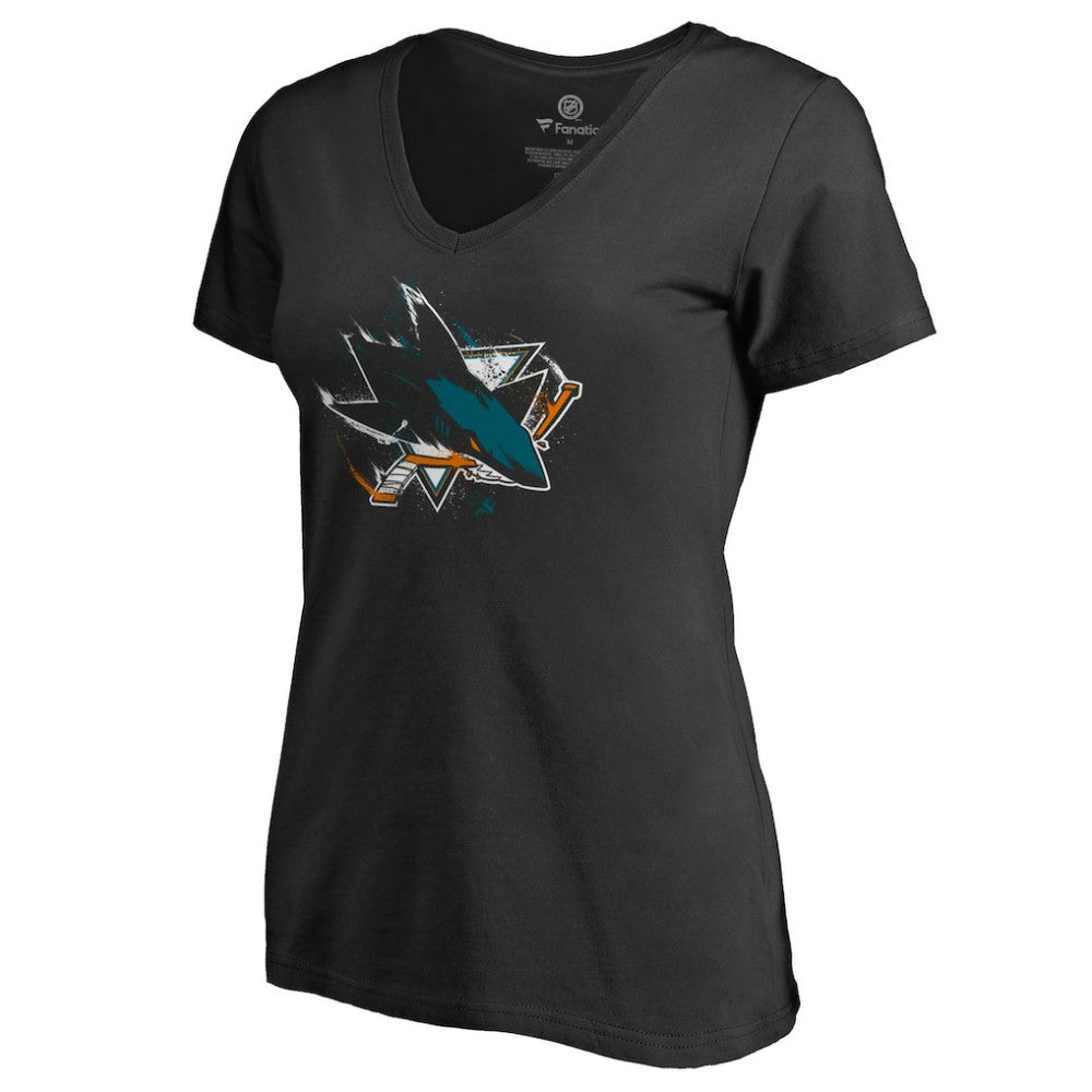 NHL Black San Jose Sharks Women's Splatter Logo V-Neck T-Shirt