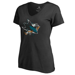 NHL Black San Jose Sharks Women's Splatter Logo V-Neck T-Shirt