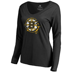 NHL Black Boston Bruins Women's Splatter Logo V-Neck Long Sleeve T-Shirt