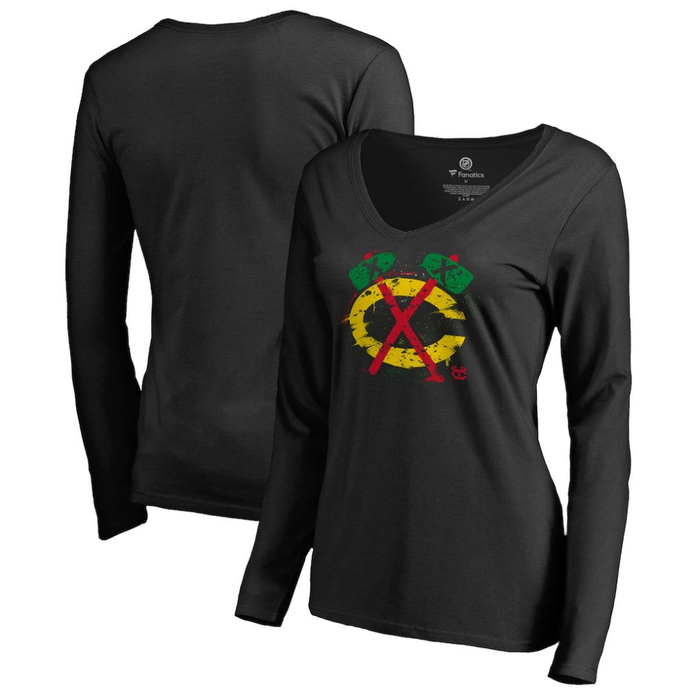 NHL Black Chicago Blackhawks Women's Splatter Logo V-Neck Long Sleeve T-Shirt