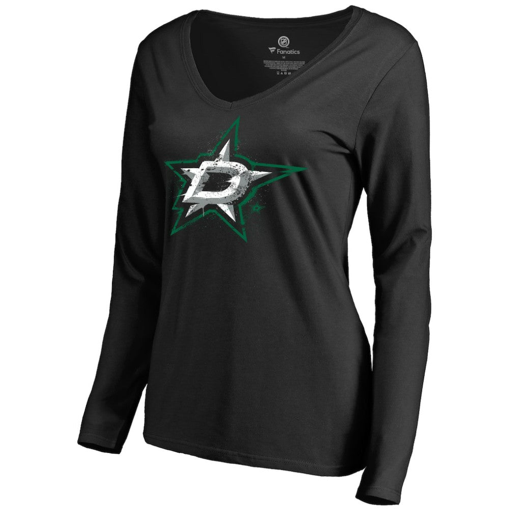NHL Black Dallas Stars Women's Splatter Logo V-Neck Long Sleeve T-Shirt