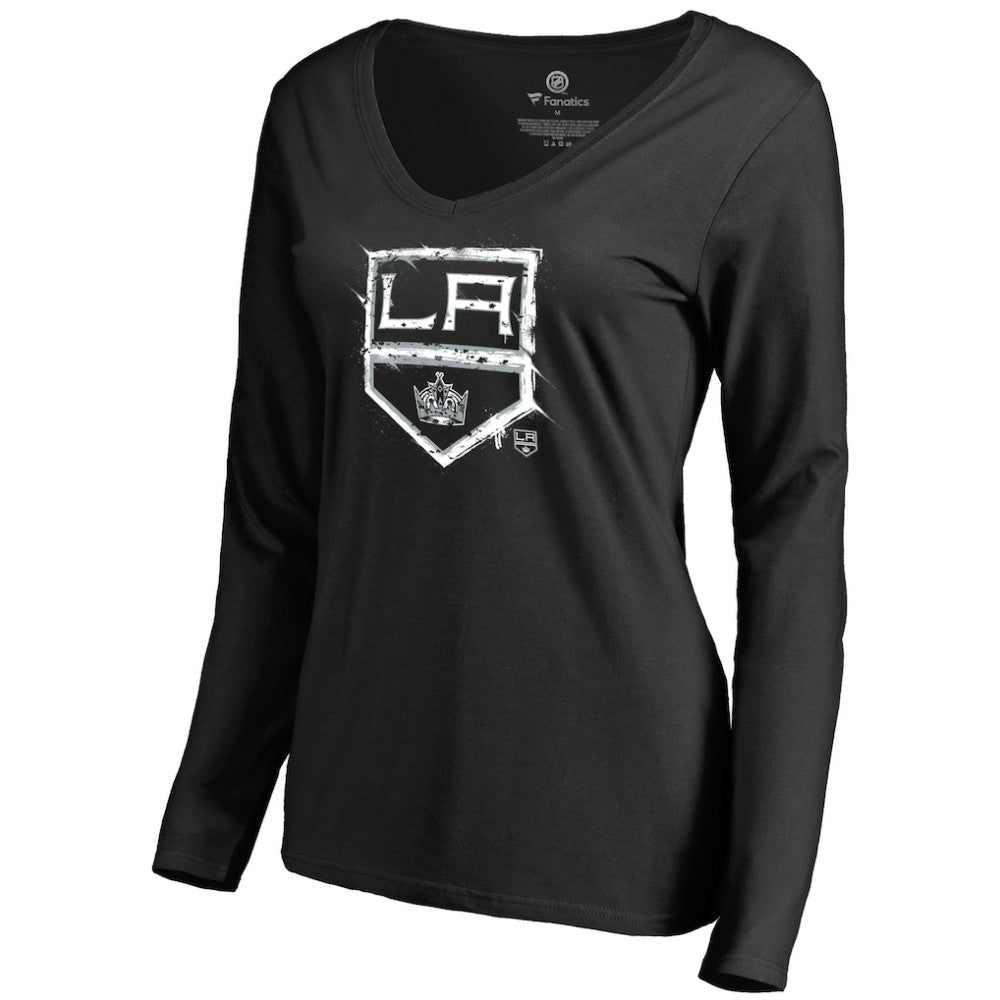 NHL Black Los Angeles Kings Women's Splatter Logo V-Neck Long Sleeve T-Shirt