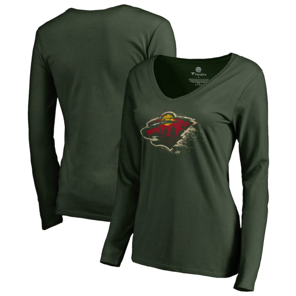 NHL Green Minnesota Wild Women's Splatter Logo V-Neck Long Sleeve T-Shirt