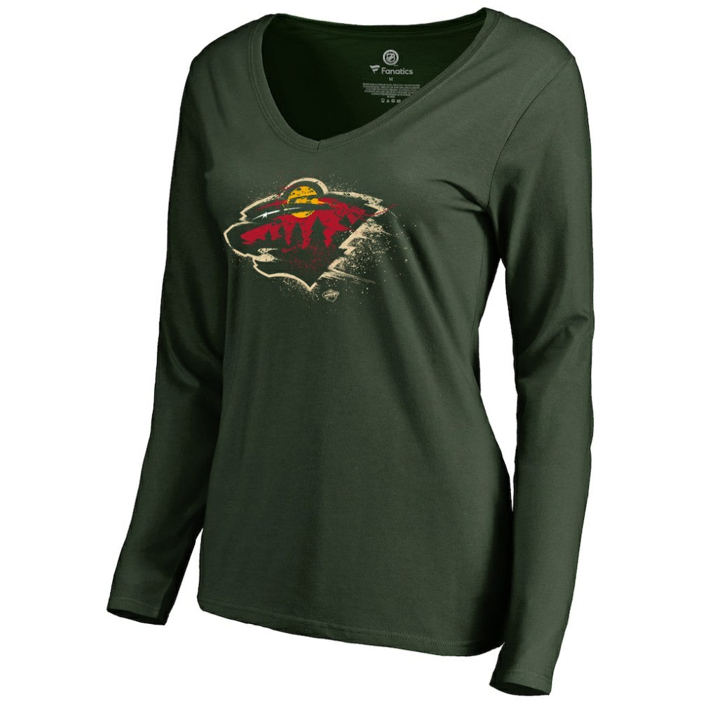 NHL Green Minnesota Wild Women's Splatter Logo V-Neck Long Sleeve T-Shirt
