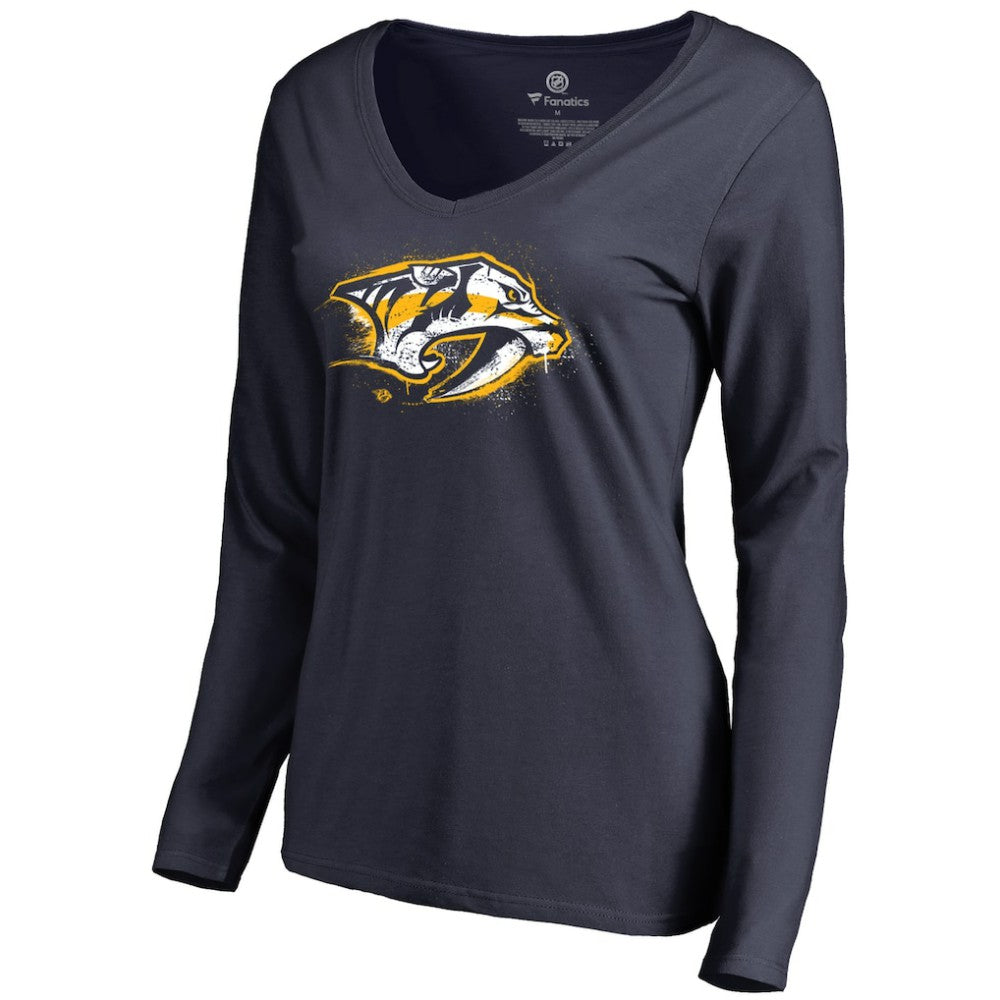 NHL Navy Nashville Predators Women's Splatter Logo V-Neck Long Sleeve T-Shirt