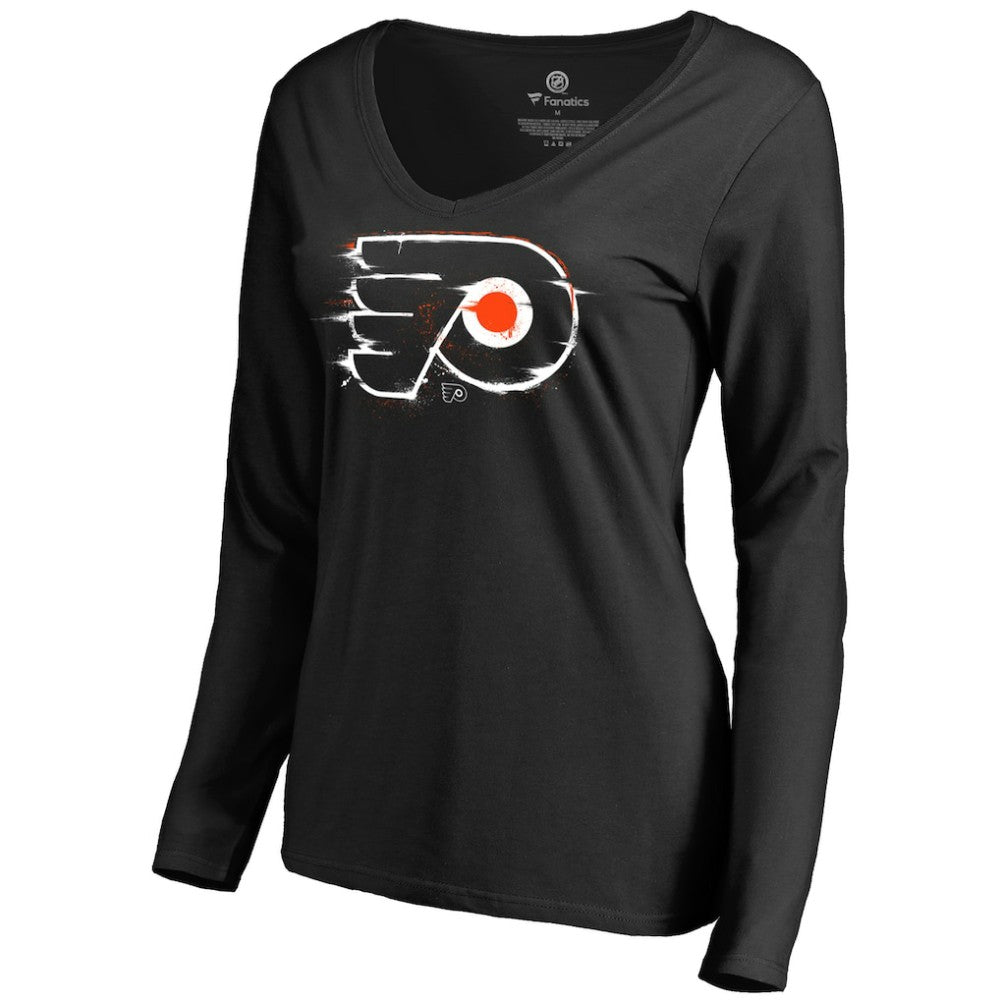 NHL Black Philadelphia Flyers Women's Splatter Logo V-Neck Long Sleeve T-Shirt