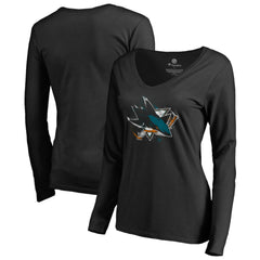 NHL Black San Jose Sharks Women's Splatter Logo V-Neck Long Sleeve T-Shirt