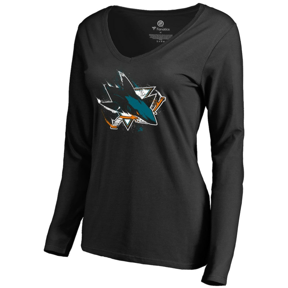 NHL Black San Jose Sharks Women's Splatter Logo V-Neck Long Sleeve T-Shirt