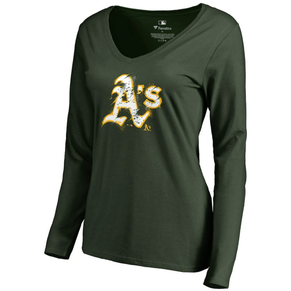 MLB Athletics Women's Splatter Logo Long Sleeve V-Neck T-Shirt