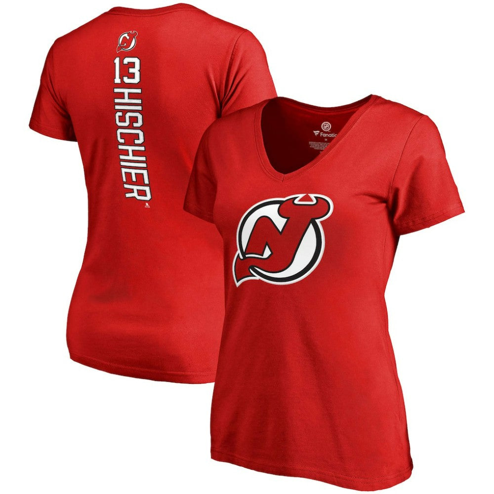 NHL Red Nico Hischier New Jersey Devils Fanatics Women's Plus Size Backer Name & Number V-Neck T-Shirt