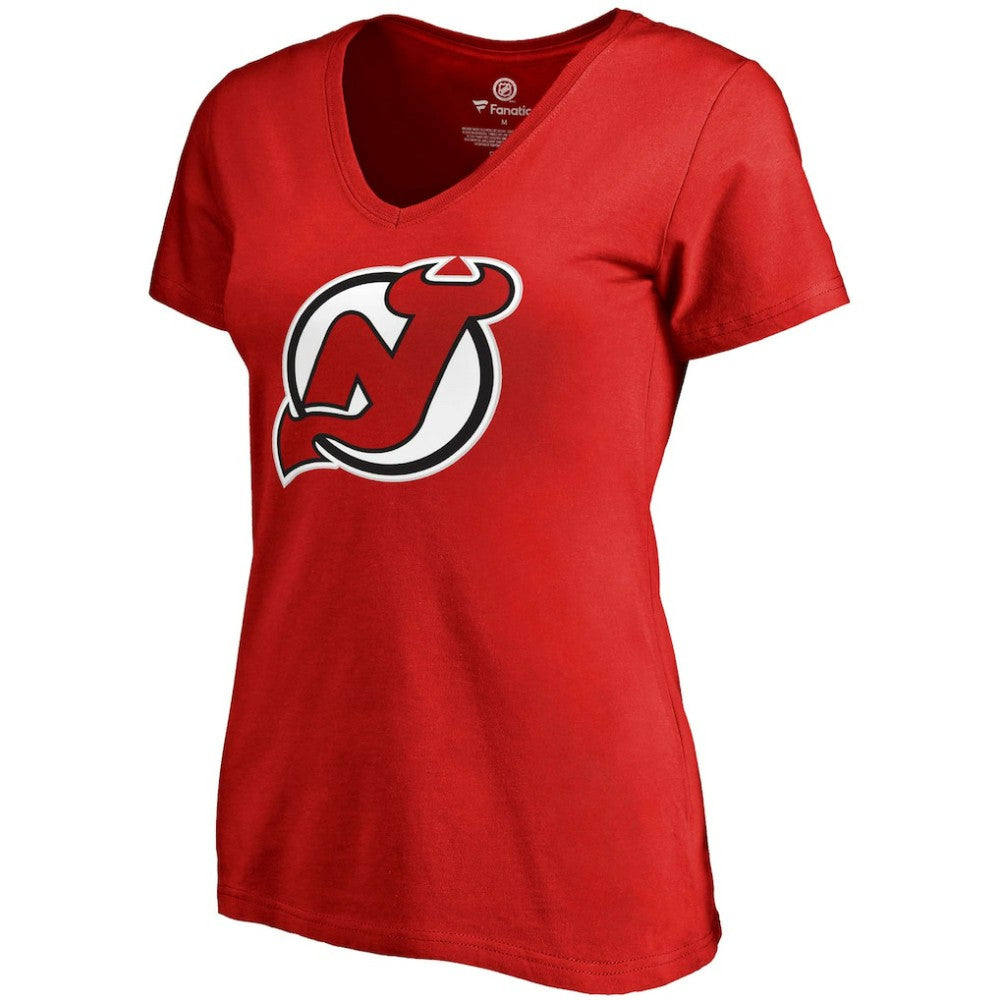NHL Red Nico Hischier New Jersey Devils Fanatics Women's Plus Size Backer Name & Number V-Neck T-Shirt