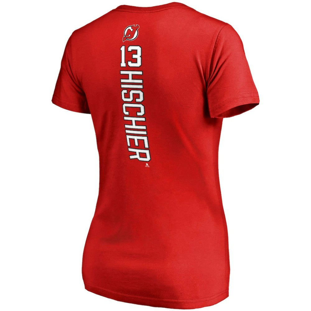 NHL Red Nico Hischier New Jersey Devils Fanatics Women's Plus Size Backer Name & Number V-Neck T-Shirt