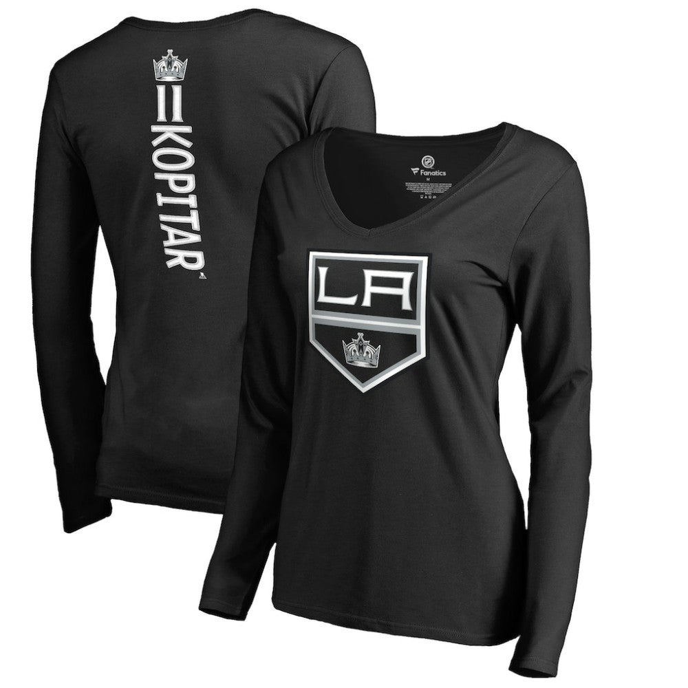 NHL Black Anze Kopitar Los Angeles Kings Women's Backer Name & Number Slim Fit Long Sleeve V-Neck T-Shirt